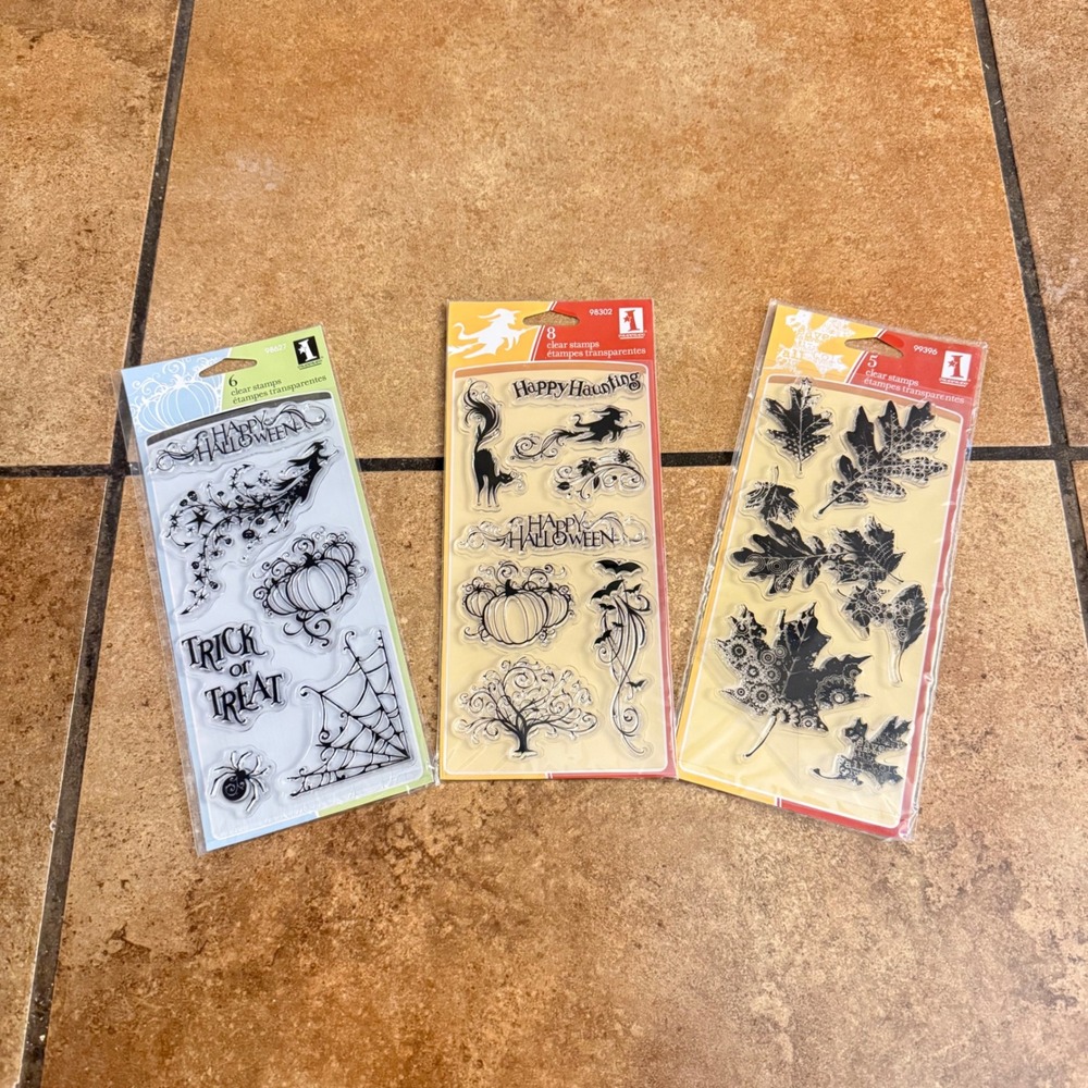 Lot Of 3 Inkadinkado Halloween Fall Clear Stamps Pumpkin Witch Leaves NEW